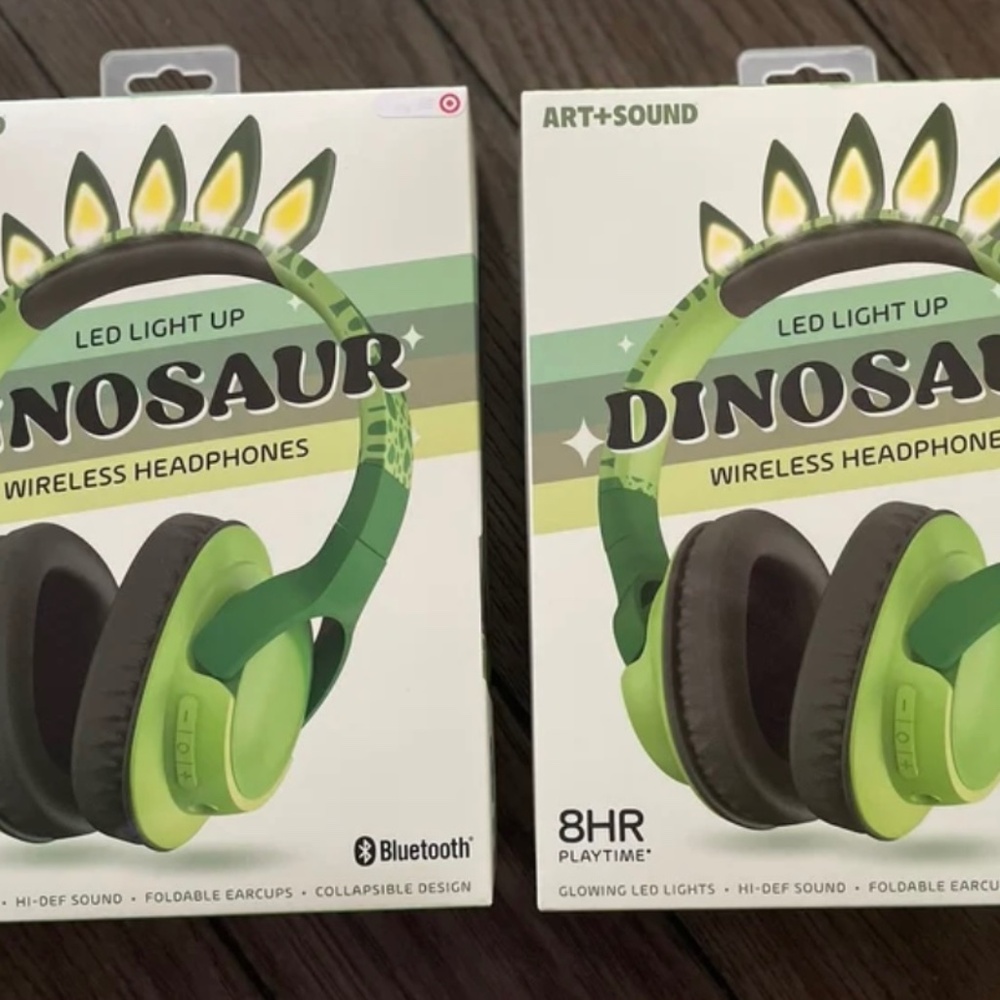 Two ART+SOUND LED Light Up dinosaur  Bluetooth Wireless / Wired Headphones/